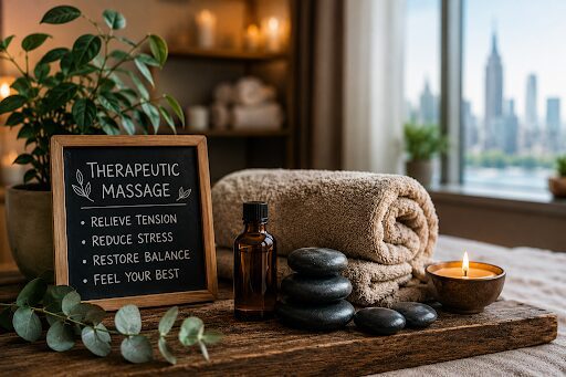 Therapeutic massage setup with towels, massage stones, essential oil, candle, and wellness décor in a relaxing spa environment.